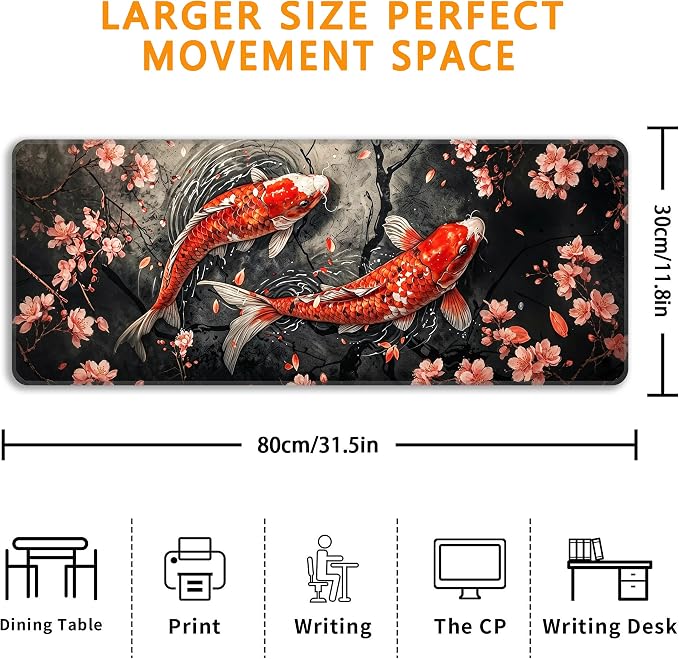 Koi Fish Desk Mat, XL 31.5"x11.8" Large Mouse Pad, Japanese Cherry Blossoms Extended Gaming Mouse Mat,Non-Slip Rubber Base Waterproof with Stitched Edges for Gaming Office Home Decor - Image 3