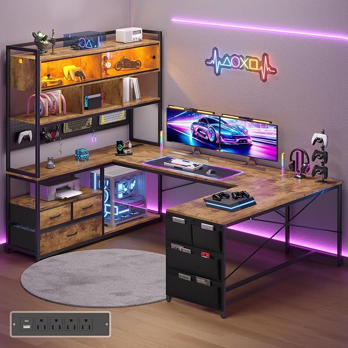 busyeah U-Shaped Gaming Desk with Storage Shelves & 3 Drawers, Rustic Brown | Reversible Computer Desk with LED Lights & Charging Station, Gaming Desk with Hutch and Pegboard for Home Office, Gamers by BUSYAEH