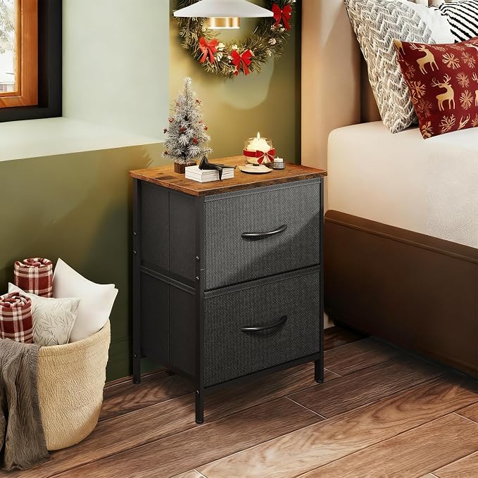 WLIVE Nightstand, 2 Drawer Dresser for Bedroom, Small Dresser with 2 Drawers, Bedside Furniture, Night Stand, End Table with Fabric Bins for Bedroom, Closet, Entryway, Black and Rustic Brown - Image 4