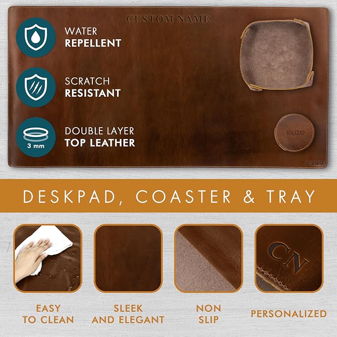 ELIZO Personalized Custom Desk Pad Set Real Leather Desk Mat Mouse Pad Unique Gifts for Him Her Leather Gifts for Men Women Engraved Embossed Monogrammed Corporate Gifts - Image 5