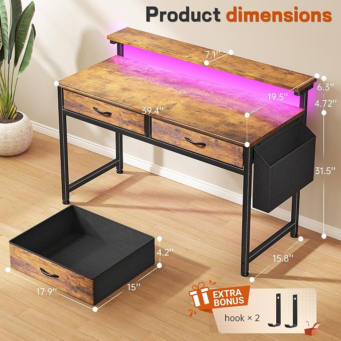Gaming Desk with LED Lights & 2 Fabric Drawers, 39.4Inch Home Office Computer Desk with Side Pocket & Ergonomic Monitor Stand, Small Space Study Writing Table with Anti-Tip Design, Rustic Brown - Image 3