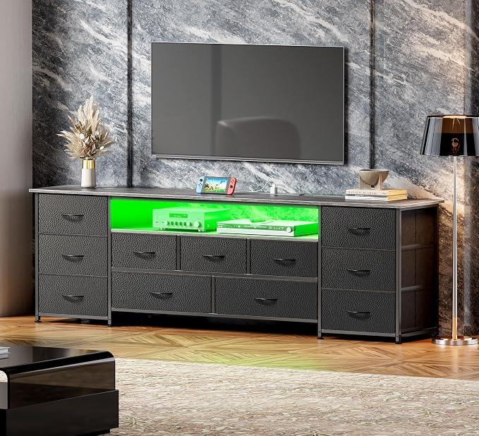 Huuger 70 Inch TV Stand for 75, 80 Inch TV, 11 Drawer Long Dresser with Power Outlets and LED Lights, Entertainment Center with Storage, Grey Dresser with PU Leather Surface - Image 2