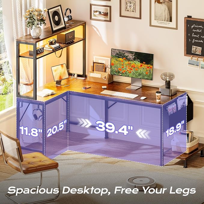 PRAISUN L Shaped Gaming Desk with LED Lights & Power Outlets | Reversible Computer Desk with Storage Shelves & Bag, Large Corner Home Office Desk for Work from Home, Rustic Brown - Image 5