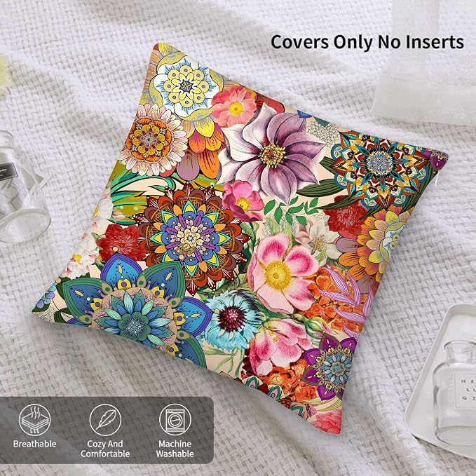 Boho Floral Throw Pillow Covers for Couch 18x18, Colorful Decorative Pillow Cases Aesthetic Set of 2,Outdoor Cushion Covers for Sofa Bed Chair Home Decor - Image 7