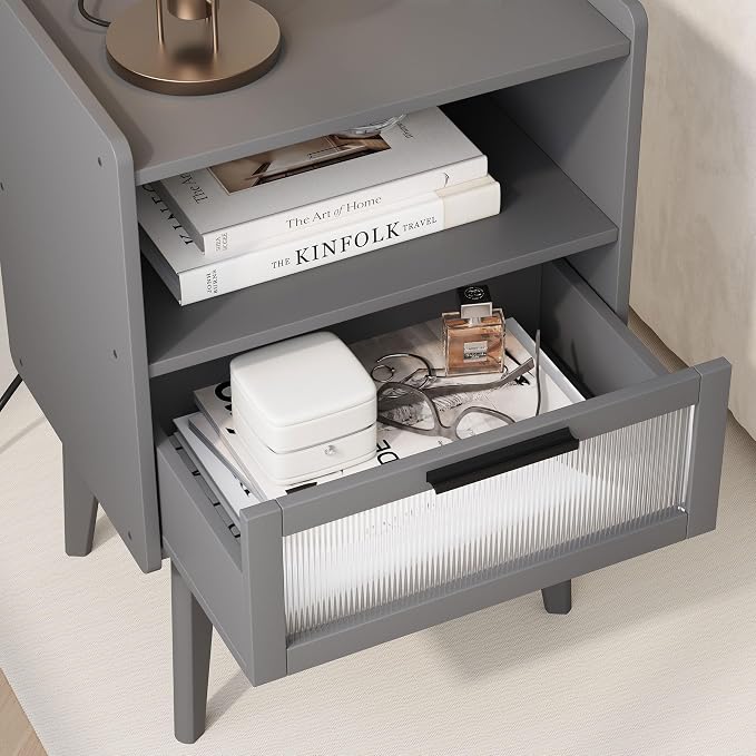 MMEOLUOOK Nightstand with Charging Station, Bedside Tables Grey End Table Side Table with 2 Tiers Storage Space, for Bedroom Living Room CAMLBZ07ZE - Image 7