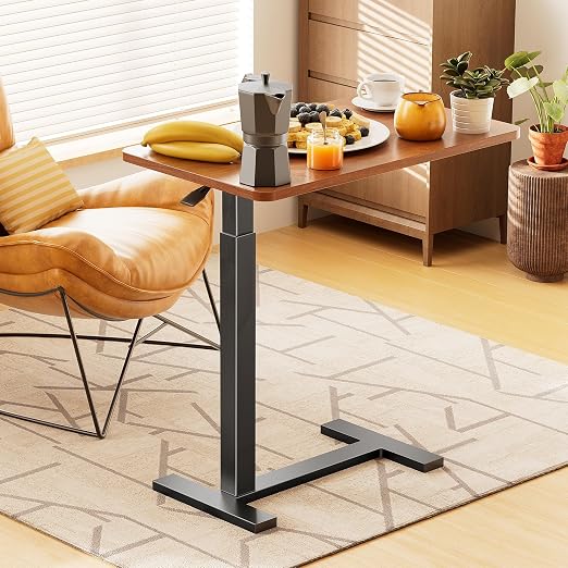 Adjustable Overbed Bedside Table with Wheels, Rolling Laptop Table, Pneumatic Adjustable Hospital & Home Use Bed Table, Mobile Standing Desk, Brown - Image 6