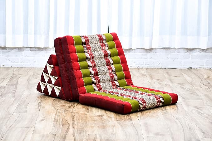 Leewadee - Comfortable Japanese Floor Mattress Used As Thai Floor Bed with Triangle Cushion, Futon Mattress Or Thai Massage Mat, 67 x 21 inches, Green Red | Floor & lounge cushion for relaxing, reading & TV - for meditation & yoga, firm & stable - Image 7