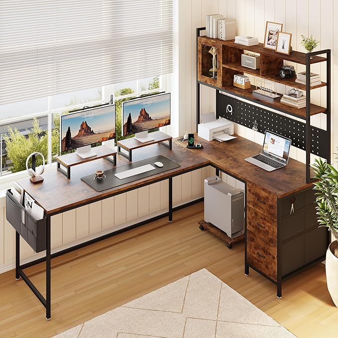 Corner L-Shaped Desk with 3 Storage Drawers, Computer Desk with Power Outlet & Pegboard, Gaming Table with Shelves and LED, Monitor Shelf and Side Storage Bag for Study Room, Rustic Brown by Lazmvlz
