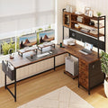 Corner L-Shaped Desk with 3 Storage Drawers, Computer Desk with Power Outlet & Pegboard, Gaming Table with Shelves and LED, Monitor Shelf and Side Storage Bag for Study Room, Rustic Brown by Lazmvlz