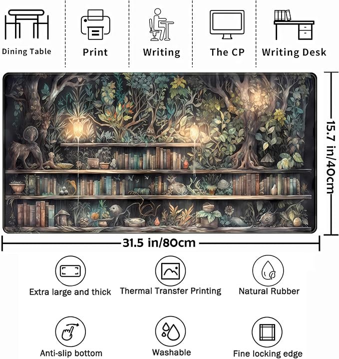 Forest Library Book Mouse Pad Desk Mat, Mystical Green Tree House XXL Extended Large Gaming Desk Pad Mousepad Computer Laptop Keyboard and Mouse Mat, Office Desk Decor Pad for Women 31.5x15.7 in - Image 2
