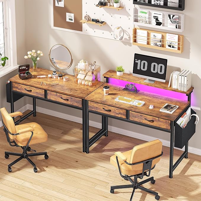 DurayLoly Gaming Desk with 2 Drawers &LED Lights,Space Saving,Rustic Brown - Image 9