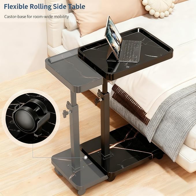 C Table End Table Adjustable Height, 360°Swivel TV Tray Table for Small Spaces, Side Tables with Wheels for Living Room and Bedroom, Bed (Black-15.7 x 11.8 inches) (Pack of 2) - Image 4