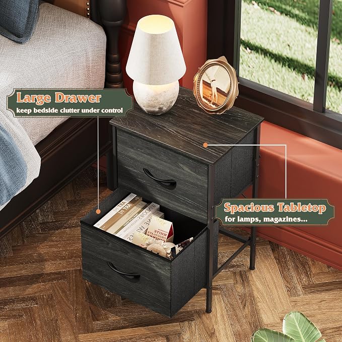 WLIVE Nightstand, Nightstand with 2 Drawers, Bedside Furniture, Night Stand, Small Dresser for Bedroom, College Dorm, End Table with Fabric Bins, Dormitory, Charcoal Black Wood Grain Print - Image 5