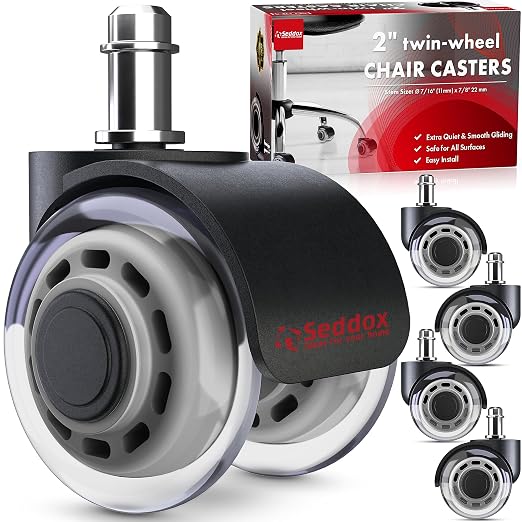 Office Chair Wheels Replacement Set of 5 - Dual 2 Inch Soft Chair Casters for Hardwood Vinyl Tile - Heavy Duty & Safe for All Floors - Fits 98% of Computer Gaming & Office Chairs - Grey by Seddox