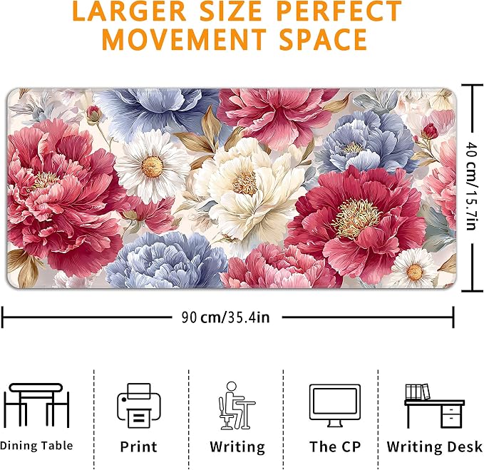 Japanese Minimalist Floral Desk Mat, XXL 35.4"x15.7" Large Mouse Pad, Art Flowers Extended Gaming Mouse Mat,Non-Slip Rubber Base Waterproof with Stitched Edges for Gaming Office Home Decor - Image 3