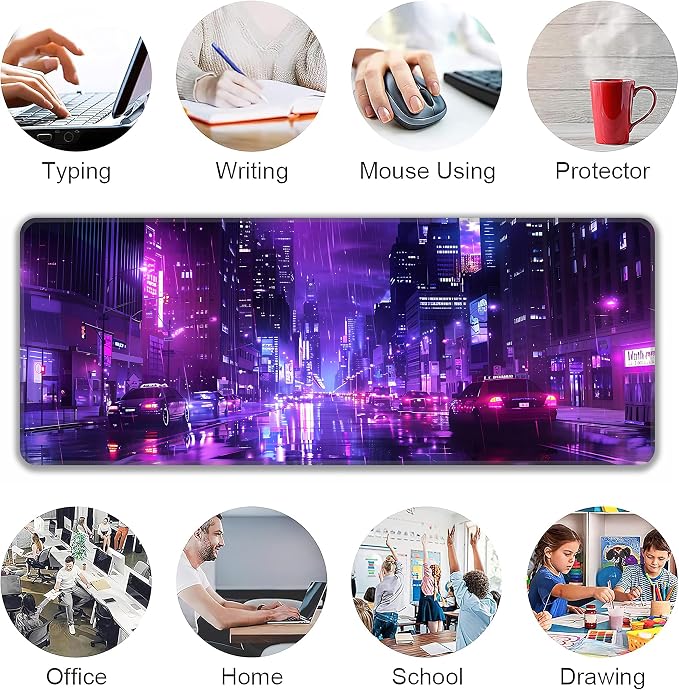 Cyberpunk Desk Mat, XL 31.5"x11.8" Large Mouse Pad, Japanese Streets Extended Gaming Mouse Mat,Non-Slip Rubber Base Waterproof with Stitched Edges for Gaming Office Home Decor - Image 6