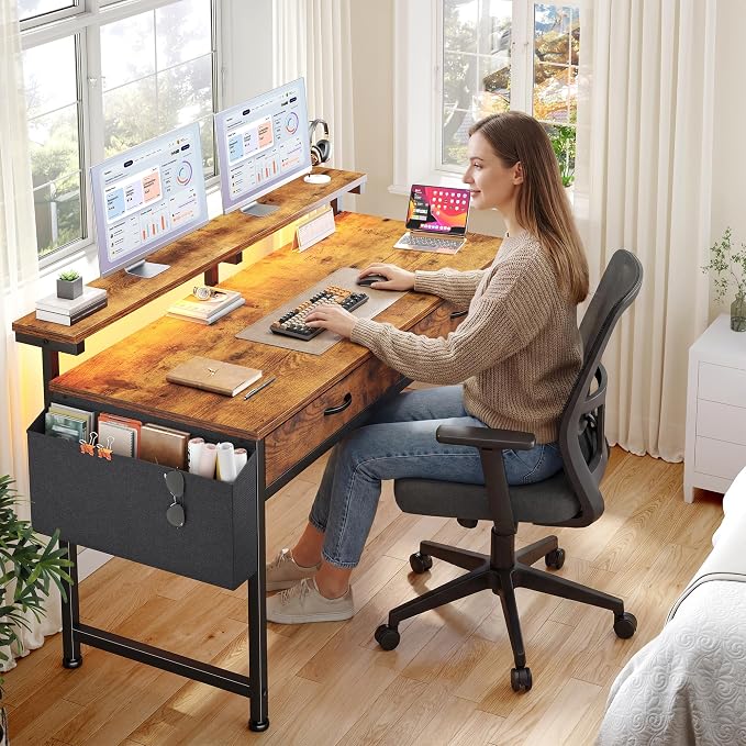 DurayLoly Gaming Desk with 2Drawers & LED Lights,Space Saving,Rustic Brown - Image 2