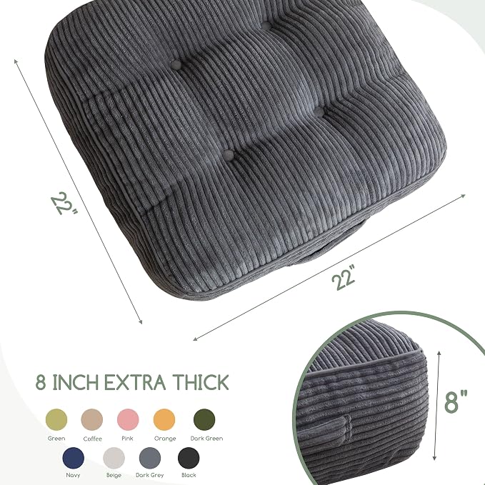HIGOGOGO 8" Extra Thick Floor Pillow Cushion for Adults, Meditation Cushion Pillow, Large Square Floor Sitting, Tufted Corduroy Cover, for Tatami Living Room or Yoga, 22x22 Inch, 2Pack, Dark Grey - Image 2