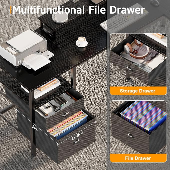 Furologee 66 Inch L Shaped Desk with 2 Drawers and Power Outlet, Black - Image 7