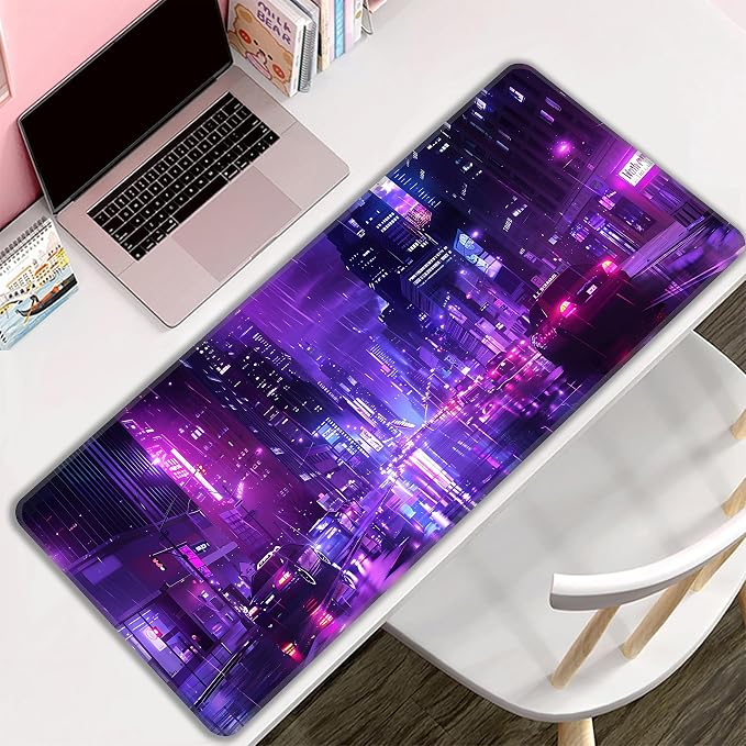Cyberpunk Desk Mat, XL 31.5"x11.8" Large Mouse Pad, Japanese Streets Extended Gaming Mouse Mat,Non-Slip Rubber Base Waterproof with Stitched Edges for Gaming Office Home Decor - Image 8