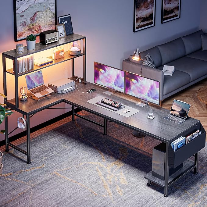PRAISUN L Shaped Gaming Desk with LED Lights & Power Outlets | Reversible Computer Desk with Storage Shelves & Bag, Large Corner Home Office Desk with Pegboard for Work from Home, Grey - Image 7