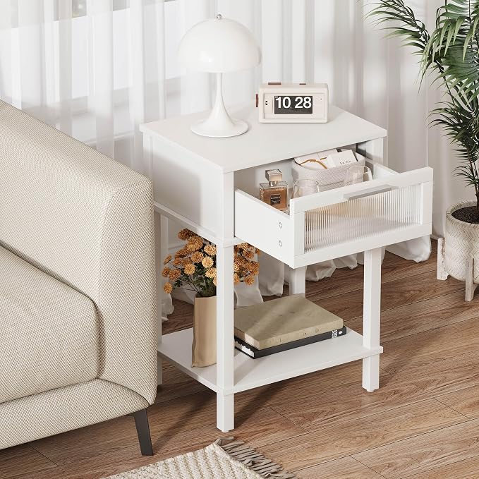 Nightstand Wooden Bedside Table with Drawer White Night Stands Modern Style Small End Table Side Table with Storage Shelf for Bedroom Living Room MLBZ10W - Image 6