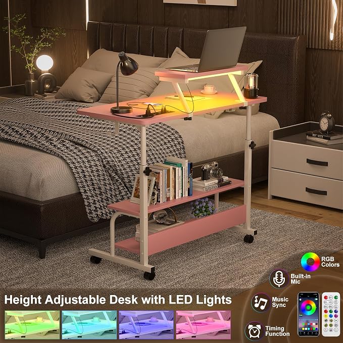 Height Adjustable Standing Desk with Power Outlets and LED Lights - 32" Manual Stand Up Desk with Monitor Stand and Storage Shelves Small Mobile Rolling Computer Desk Portable Laptop Table, Pink - Image 5