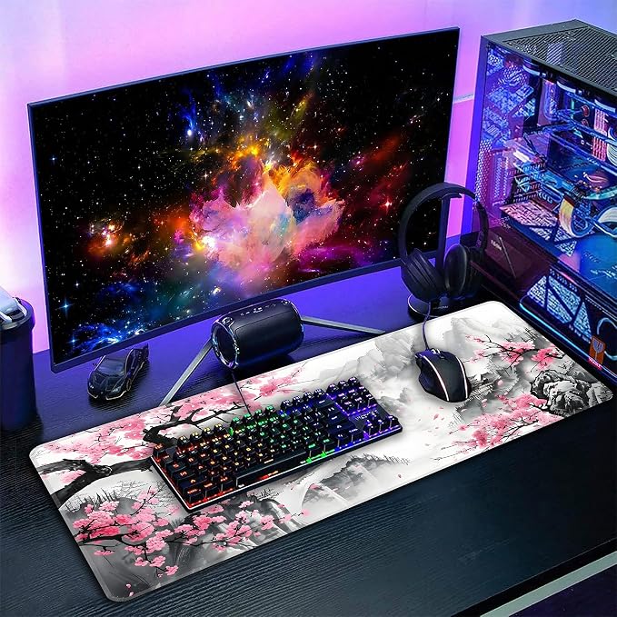 Japanese Watercolor Cherry Blossoms Desk Mat, XXL 35.4"x15.7" Large Mouse Pad, Pink Sakura Extended Gaming Mouse Mat,Non-Slip Rubber Base Waterproof with Stitched Edges for Gaming Office Home Decor - Image 7