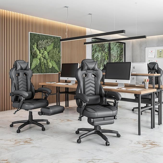 Techni Mobili Executive Gaming Chair with Footrest, 150° Reclining, Grey | PU leather chair, 150 degree recline, footrest, lumbar support, headrest pillow, executive office gaming chair, ergonomic - Image 9