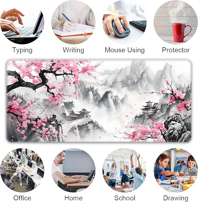 Japanese Watercolor Cherry Blossoms Desk Mat, XXL 35.4"x15.7" Large Mouse Pad, Pink Sakura Extended Gaming Mouse Mat,Non-Slip Rubber Base Waterproof with Stitched Edges for Gaming Office Home Decor - Image 6