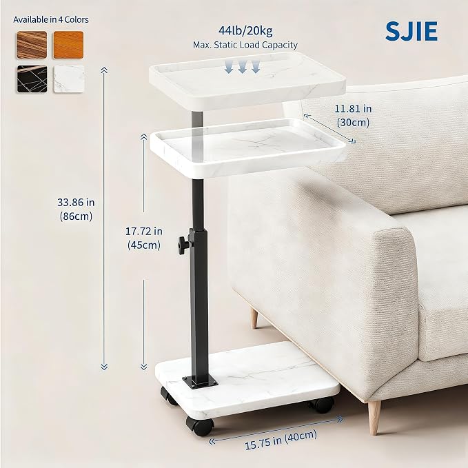 C Table End Table Adjustable Height, 360°Swivel TV Tray Table for Small Spaces, Side Tables with Wheels for Living Room and Bedroom, Bed (White) - Image 2