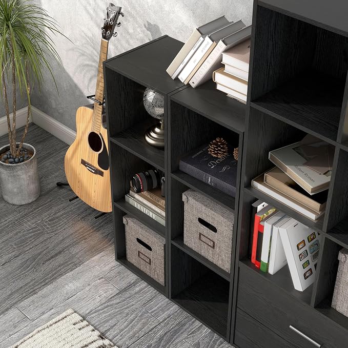 Homes: Inside + Out Apexa 3-Cube Storage Organizer Shelves, Stackable Wood Bookcase Fits Cubby Bins for Organization, Dorm Teen Room Decor & Home Office, Black - Image 2