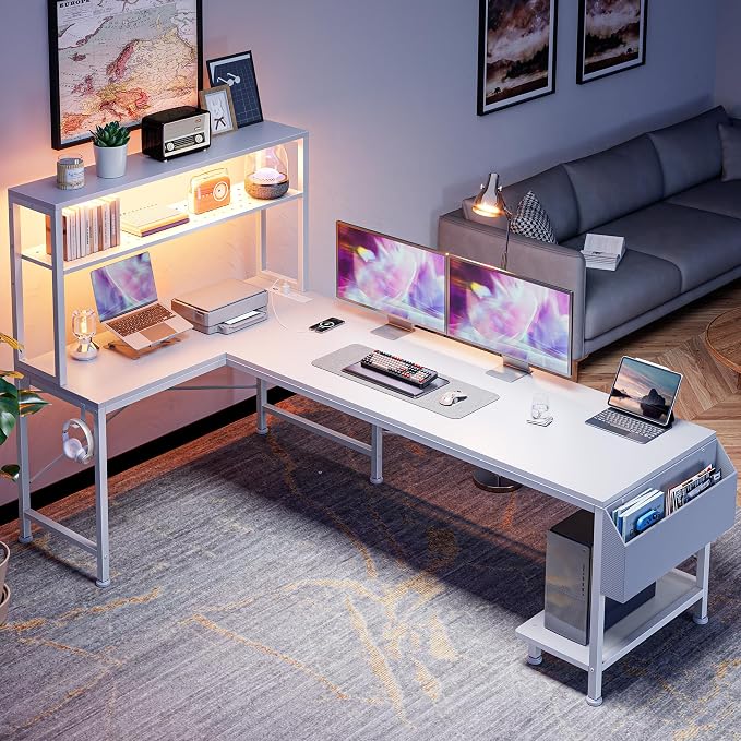PRAISUN L Shaped Gaming Desk with LED Lights & Power Outlets | Reversible Computer Desk with Storage Shelves & Bag, Large Corner Home Office Desk with Pegboard for Work from Home, White - Image 7