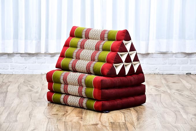 Leewadee - Comfortable Japanese Floor Mattress Used As Thai Floor Bed with Triangle Cushion, Futon Mattress Or Thai Massage Mat, 67 x 21 inches, Green Red | Floor & lounge cushion for relaxing, reading & TV - for meditation & yoga, firm & stable - Image 6