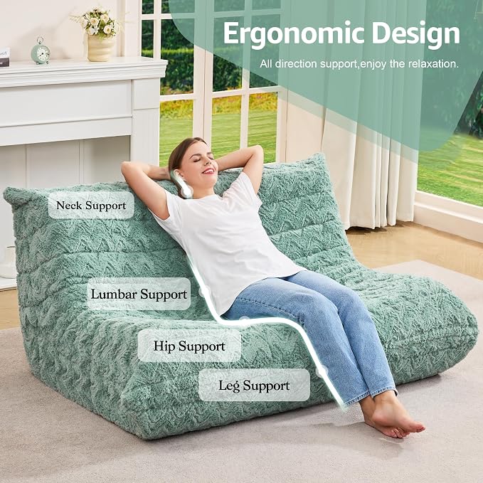 Hobestluk Large Bean Bag Chairs for Adults Fireside BeanBag Couch Togo Sofa | Ergonomic Design,Memory Foam,No Assembly,Faux Fur Fireside Lounge Floor Chair Back Support Dorm Room | Green Chevron Loveseat - Image 5