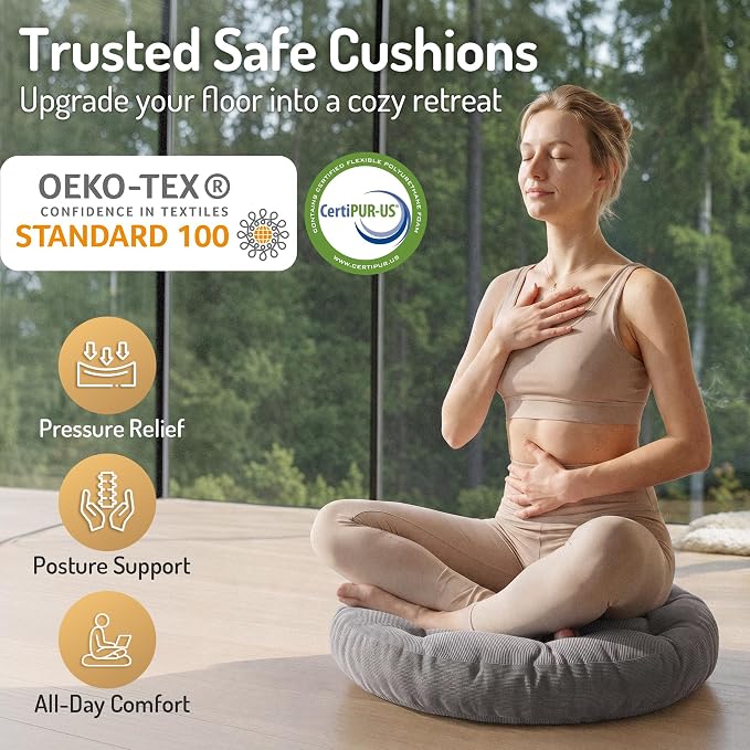 Meditation Cushions Set of 2, Large Floor Pillow for Adults, 22 Inch Round | Reading nook use, Zen relaxation, Tatami seating, Corduroy cover, 3.5 in thick, Shredded memory foam fill, Grey yoga pad - Image 2