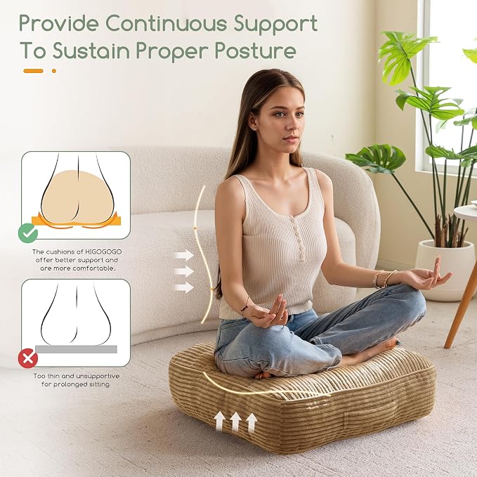 HIGOGOGO 6" Extra Thick Floor Pillow Cushion for Adults, Meditation Cushion Pillow, Large Square Floor Sitting, Tufted Corduroy Cover, for Tatami Living Room or Yoga, 22x22 Inch, Coffee - Image 5