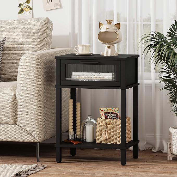 Nightstand Wooden Bedside Table with Drawer Black Night Stands Modern Style Small End Table Side Table with Storage Shelf for Bedroom Living Room MLBZ10B - Image 5