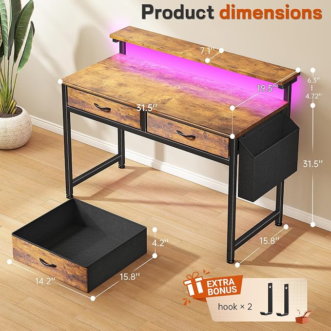 DurayLoly Gaming Desk with 2 Drawers &LED Lights,Space Saving,Rustic Brown - Image 2
