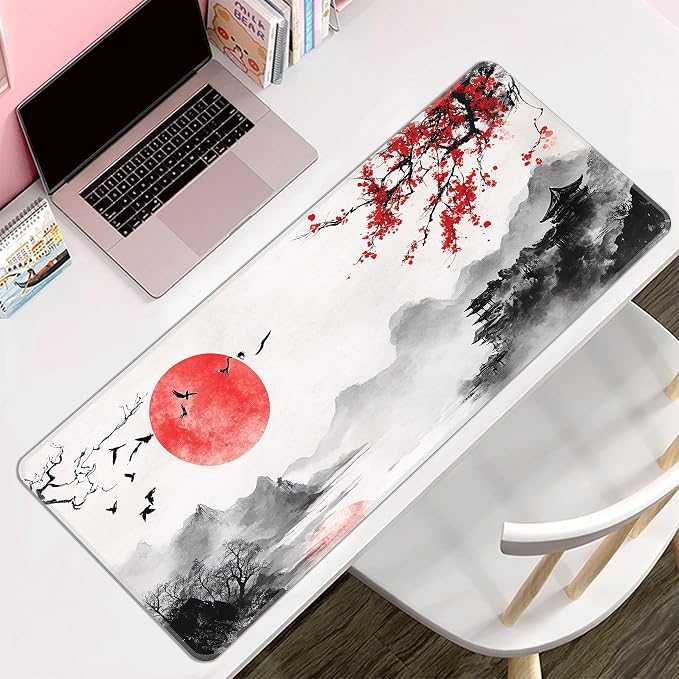 Japanese Watercolor Cherry Blossoms Desk Mat, XL 31.5"x11.8" Large Mouse Pad, Sakura Extended Gaming Mouse Mat,Non-Slip Rubber Base Waterproof with Stitched Edges for Gaming Office Home Decor - Image 8