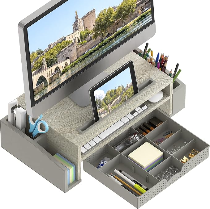 Simple Houseware Desk Monitor Stand Riser w/ Adjustable Tray, Maple | Built-In Tablet Slot and Side Storage - Image 2