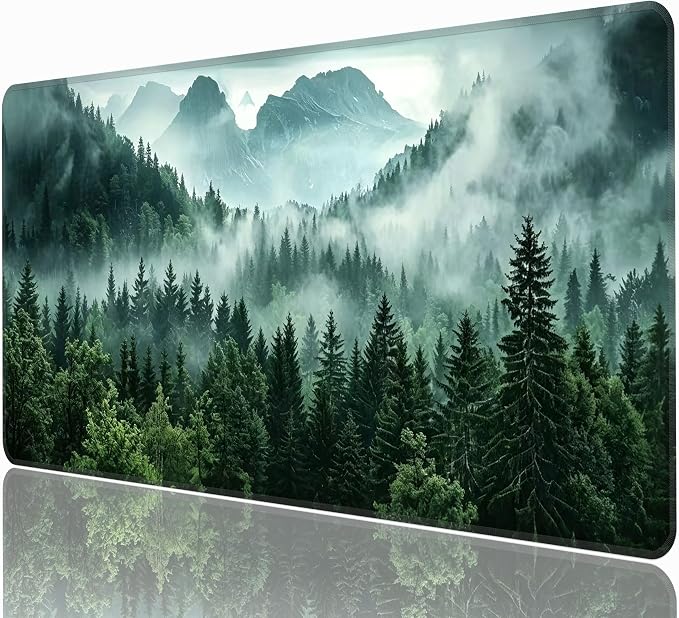 Green Misty Forest Desk Mat, XXL 35.4"x15.7" Large Mouse Pad, Mountains Extended Gaming Mouse Mat,Non-Slip Rubber Base Waterproof with Stitched Edges for Gaming Office Home Decor by Unknown