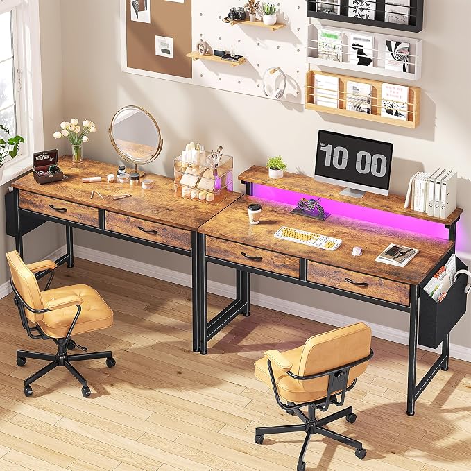 Gaming Desk with LED Lights & 2 Fabric Drawers, 39.4Inch Home Office Computer Desk with Side Pocket & Ergonomic Monitor Stand, Small Space Study Writing Table with Anti-Tip Design, Rustic Brown - Image 9