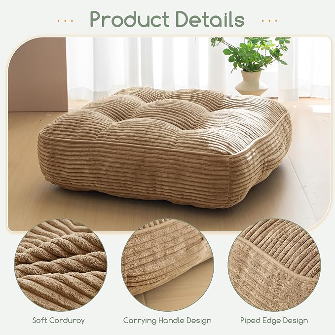 HIGOGOGO 6" Extra Thick Floor Pillow Cushion for Adults, Meditation Cushion Pillow, Large Square Floor Sitting, Tufted Corduroy Cover, for Tatami Living Room or Yoga, 22x22 Inch, Coffee - Image 3
