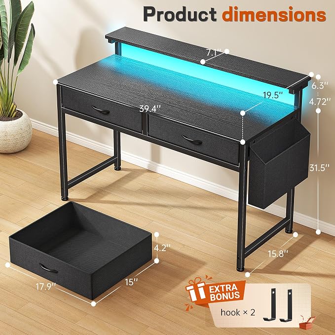 DurayLoly 39.4" Office Computer Desk with LED Lights & 2 Drawers,Black - Image 3
