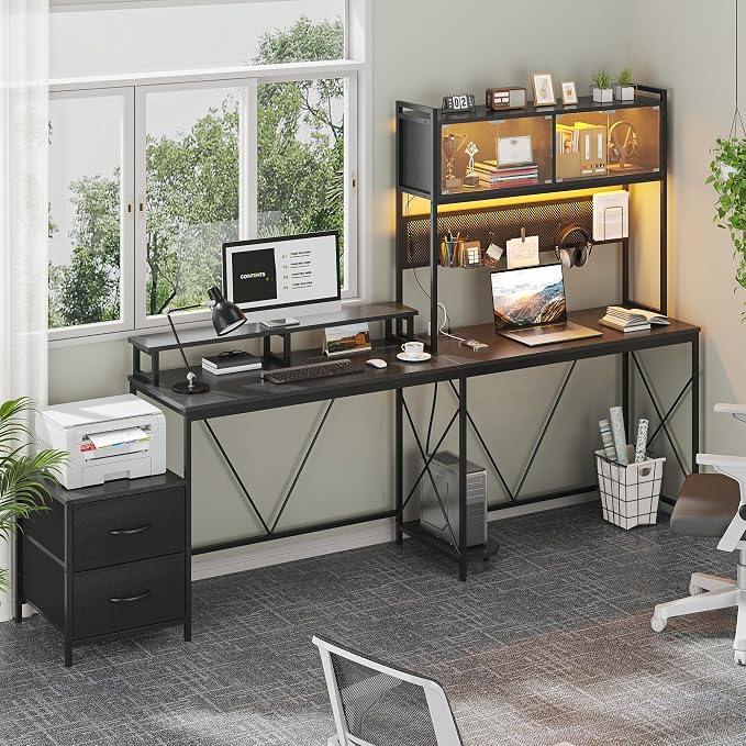 kepptory L Shaped Gaming Desk with 2 Drawers and Hutch, Home Office Computer Desk with Computer Stand and Pegboard, Corner Desk with Printer Desktop&Power Outlet, Black - Image 3