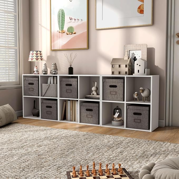 Homes: Inside + Out Apexa 4-Cube Storage Organizer Shelves, Stackable Wood Bookcase Fits Cubby Bins for Organization, Dorm Teen Room Decor & Home Office, Taupe Grey - Image 12