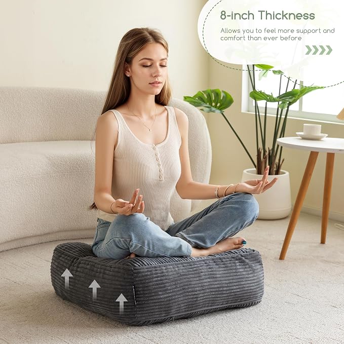 HIGOGOGO 8" Extra Thick Floor Pillow Cushion for Adults, Meditation Cushion Pillow, Large Square Floor Sitting, Tufted Corduroy Cover, for Tatami Living Room or Yoga, 22x22 Inch, 2Pack, Dark Grey - Image 6