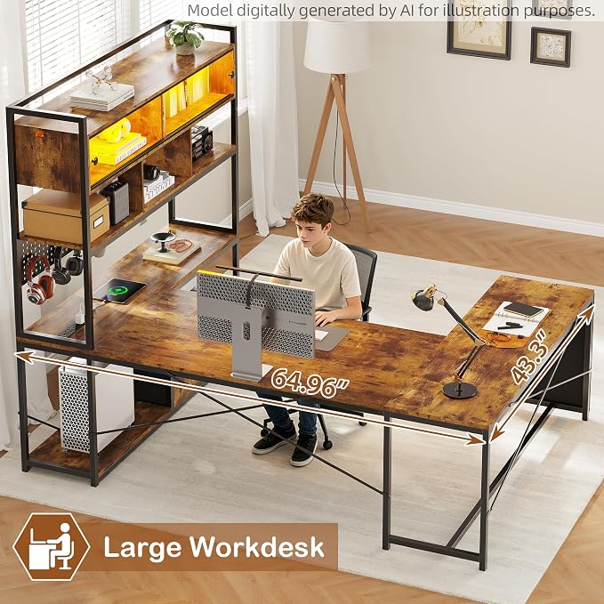 Dnxao 65" Gaming Desk with 3 Drawers and Pegboard, Rustic Brown | Reversible U Shaped Computer Desk with Power Outlets and LED Lights, Storage Shelves Workstation with Pegboard for Gamers - Image 9