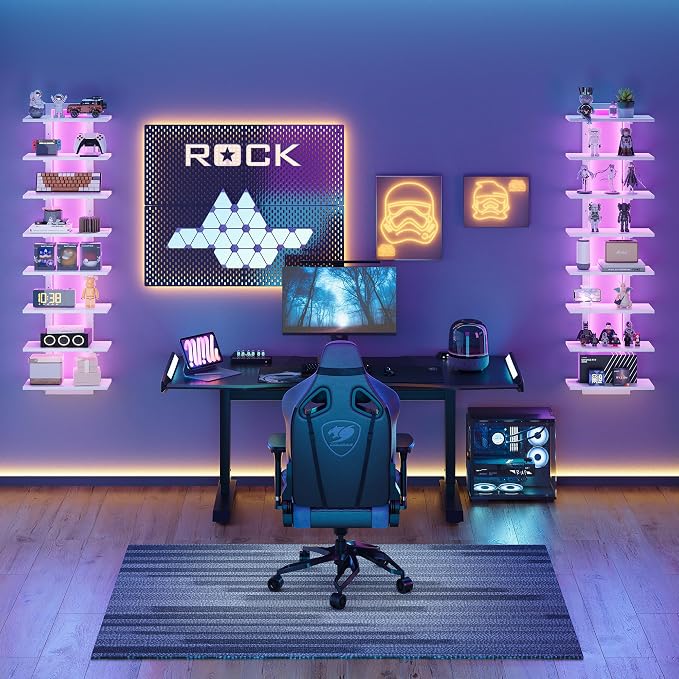 LED Wall Mounted Display Shelf with RGB Lights, 8-Tier Vertical Wall Shelf for Gaming Room, Bedroom and Living Room, Floating Shelves for Collectibles and Decor, 15"W x 5.5"D x 58.3"H, White - Image 6